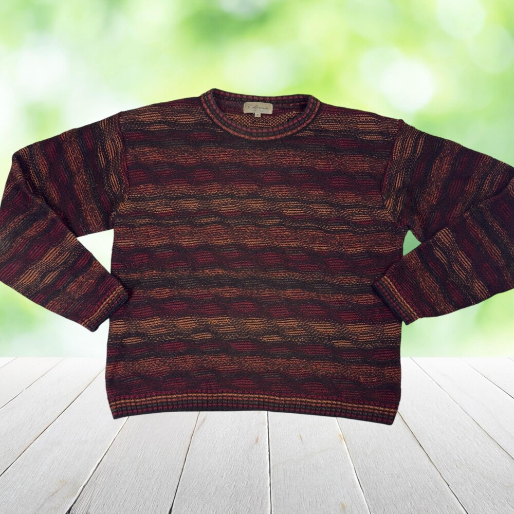 Vintage 80s Made in Italy Wool Sweater Geometric Stripe Burgundy Mens M